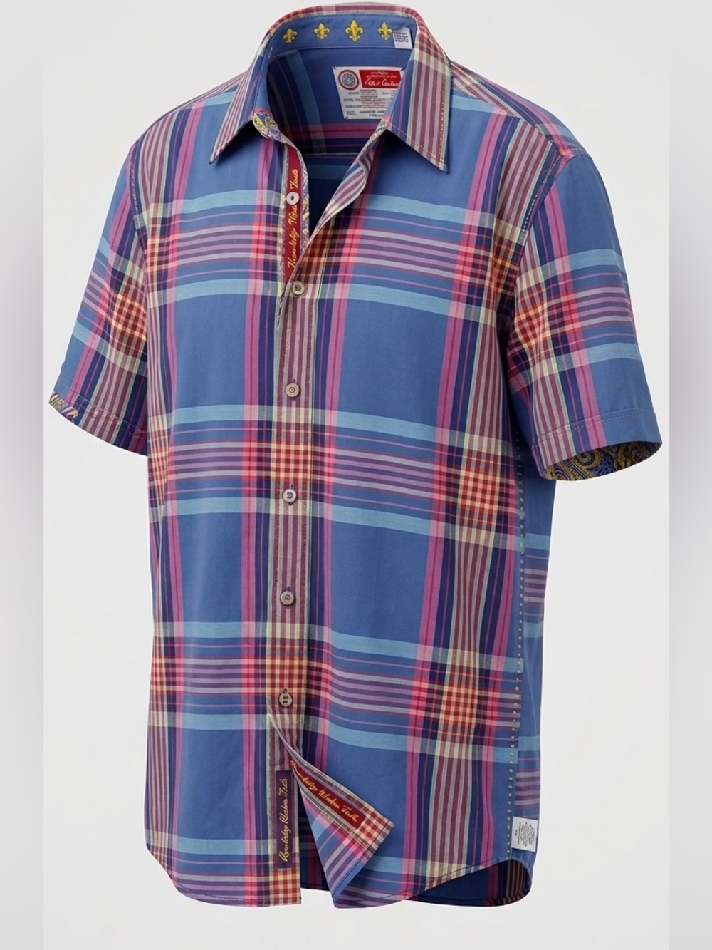 Robert Graham Short Sleeve Cotton Button Down Shirt Blue Madras Plaid 3XL preppy